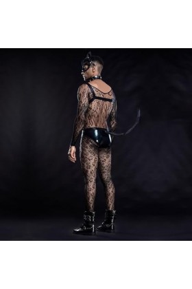 WRAZA Tenue de Jeu de Rôle pour Hommes Uniformes de Chat Combinaison Body Complet Dos Nu Harnais de Poitrine Ceinture Tongs e