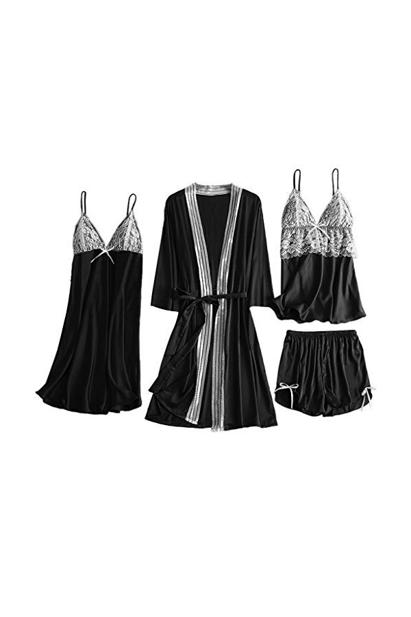Chemise de nuit 4 pièces pour femme - Coton - Pyjama - Robe de nuit - Poupée - T-shirt douillet - Dentelle - Ensemble de ling