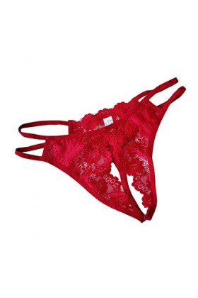 Fenteer Culotte Sous-vêtements String Dentelle Sexy Extensible Ouvert Devant G Chaîne T - Rouge, Taille Unique