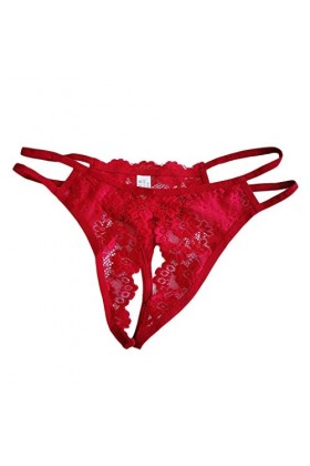 Fenteer Culotte Sous-vêtements String Dentelle Sexy Extensible Ouvert Devant G Chaîne T - Rouge, Taille Unique