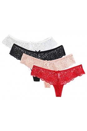 FEOYA-Pack de 4 Sexy Culotte Femme en Dentelle Ajourée String Translucide Hipster Stretch Slip Culotte Translucide Mode sous-