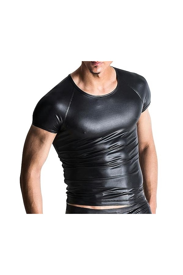 VOIV Hommes Lingerie Latex Petit Haut Wetlook Cuir débardeur Chemise Exotique Homme Costume pour Sexe Muscle serré T-Shirt