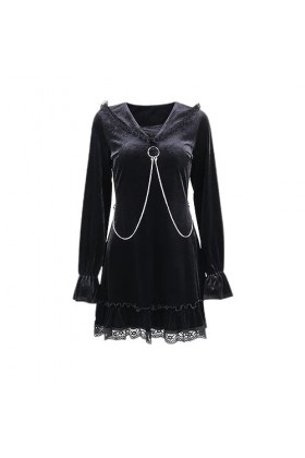 SHANHE Femmes Gothique Manches À Volants Robes Noires Velours Dentelle Esthétique Fée Grunge Robes Chaîne Punk Sexy Partywear