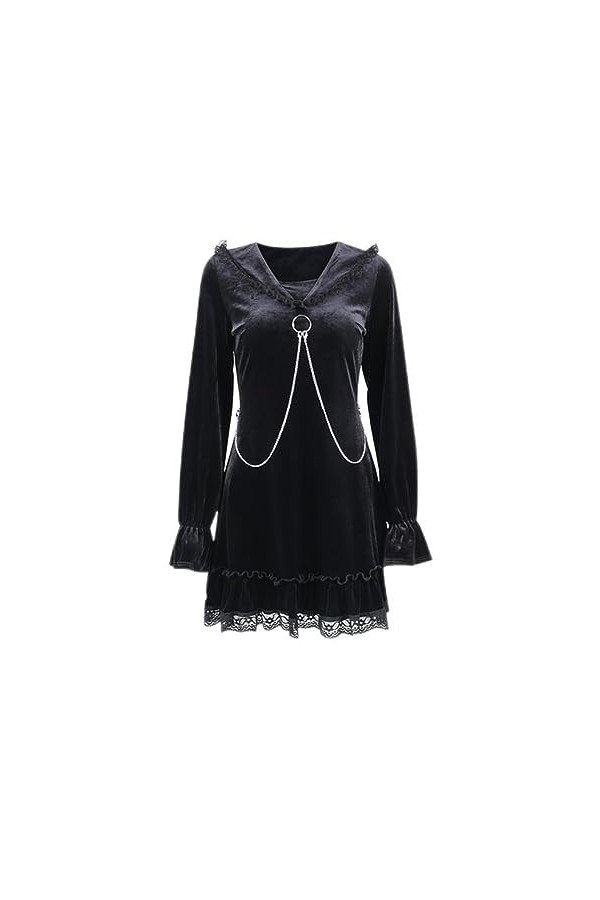 SHANHE Femmes Gothique Manches À Volants Robes Noires Velours Dentelle Esthétique Fée Grunge Robes Chaîne Punk Sexy Partywear