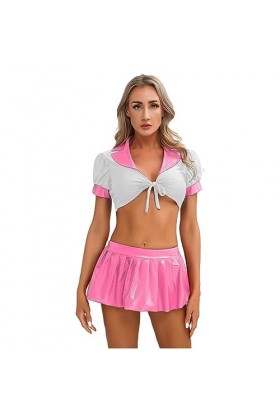 SHANHE Ensemble deux pièces pour femme tenue de jeu de rôle décolière bloc de couleur Patchwork à lacets haut court en cuir 