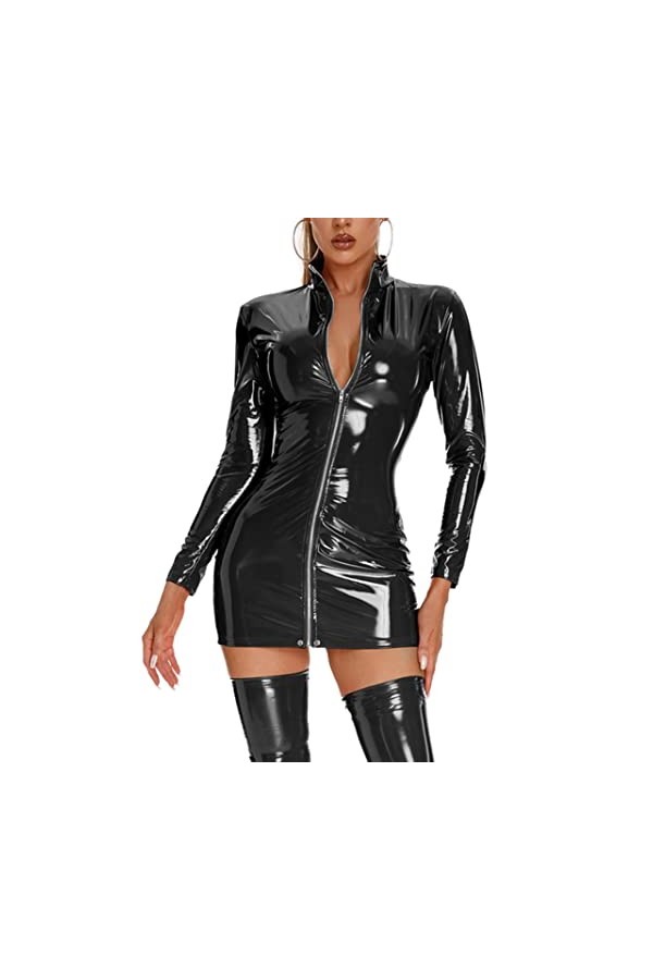 SHANHE Femmes Couleur Unie Fermeture Éclair Col Montant Robe en Cuir Verni Wet Look Manches Longues Érotique Robes Moulantes