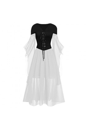 Robe De Mariée, Robes Femmes D Été Robe Chemise Femme Aileseine Women Casual Plus Size Cold Shoulder Dress Solid Color Lace B