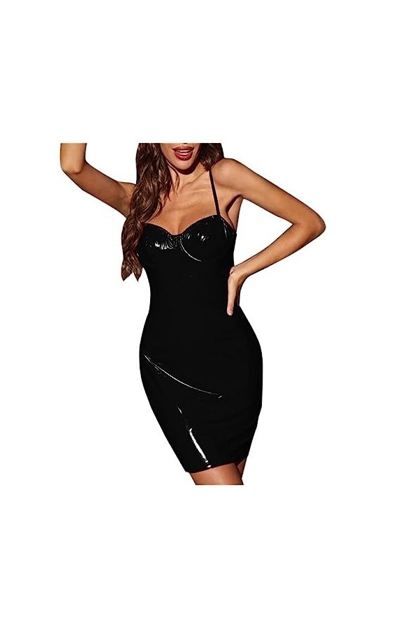 SHANHE Sexy Wetlook Backless Sling Dress PU Cuir Mini Robe Brillante Teddy Clubwear Latex Robe de Nuit Vêtements de Nuit Lene