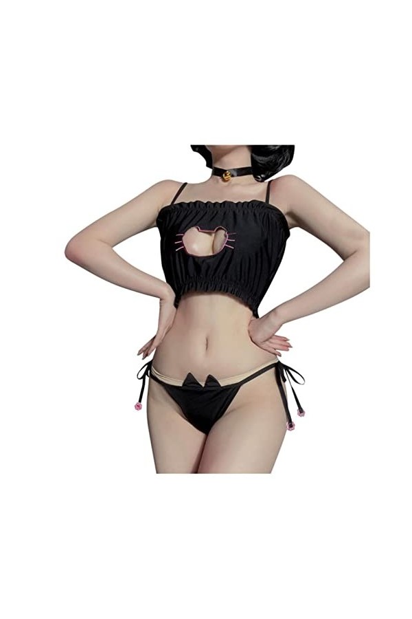 Lingerie Sexy Chat Cosplay Uniforme Lolita Soutien-Gorge String Ensemble Découpe Ouverte Soutien-Gorge Col Lingerie Cosplay C