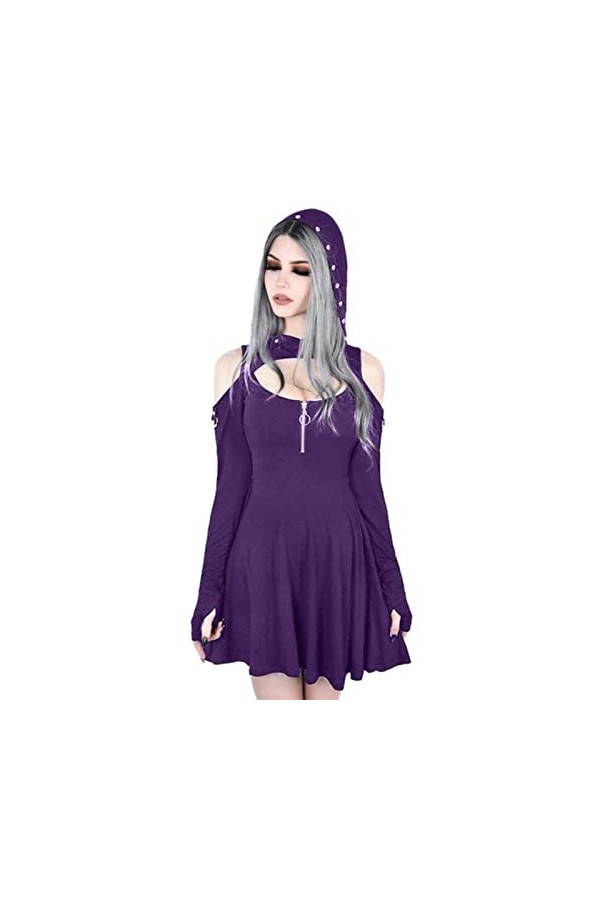 SHANHE Gothique À Capuche Robe Sexy Goth Printemps À Manches Longues Robe À Capuche Coupe Basse Sexy Plissée Creux Hors Épaul