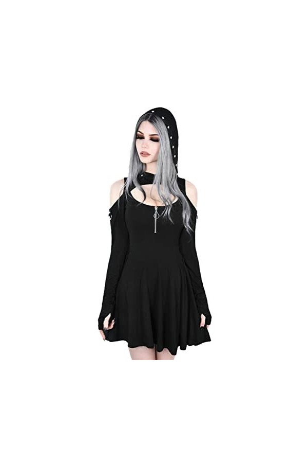 SHANHE Gothique À Capuche Robe Sexy Goth Printemps À Manches Longues Robe À Capuche Coupe Basse Sexy Plissée Creux Hors Épaul
