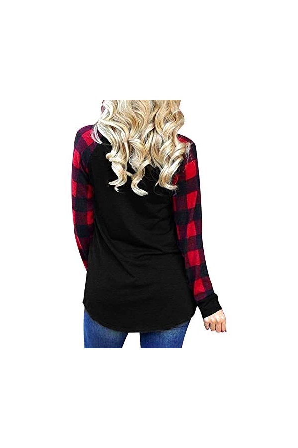 Naroote Pull Sapin de Noël, Haut à Manches à Carreaux de Noël Extensible pour Vêtements Décontractés pour Femmes L 