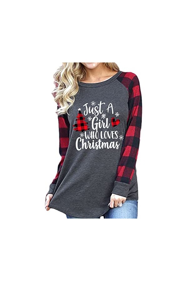 Naroote Pull Sapin de Noël, Haut à Manches à Carreaux de Noël Extensible pour Vêtements Décontractés pour Femmes L 