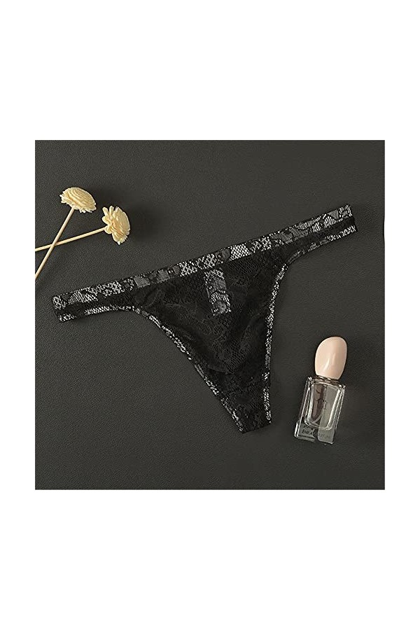 Yomie Culotte Ultra-Fine pour Hommes en Dentelle Transparente Douce Sexy String,XL,Noir