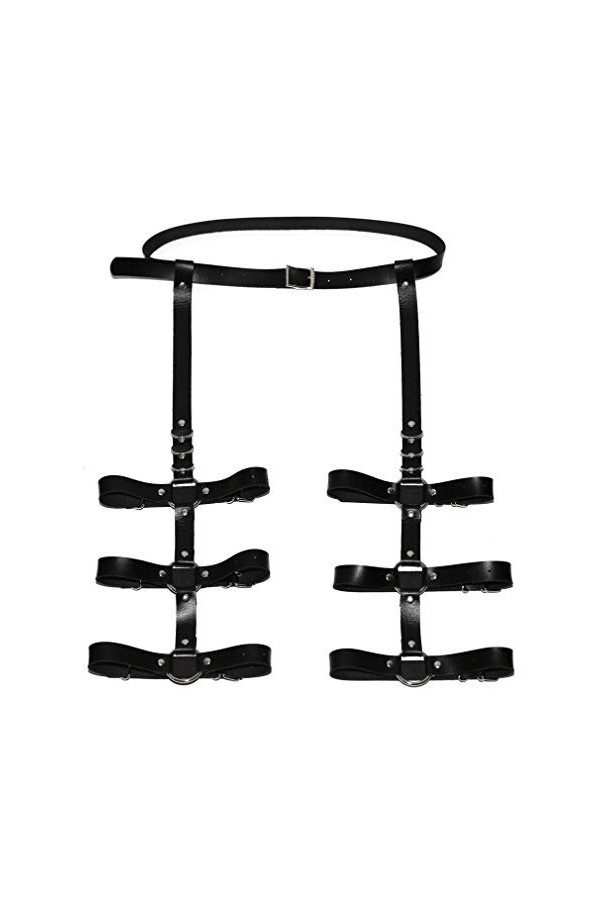Harnais de jambe en cuir élastique réglable à 2 rangées avec porte-jarretelles style punk gothique, noir, taille unique