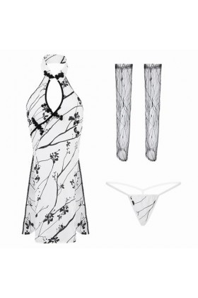 SINROYEE Lingerie sexy pour femme - Robe Cheongsam chinoise - Lingerie Qipao - Babydoll - Robe de club blanc 2 