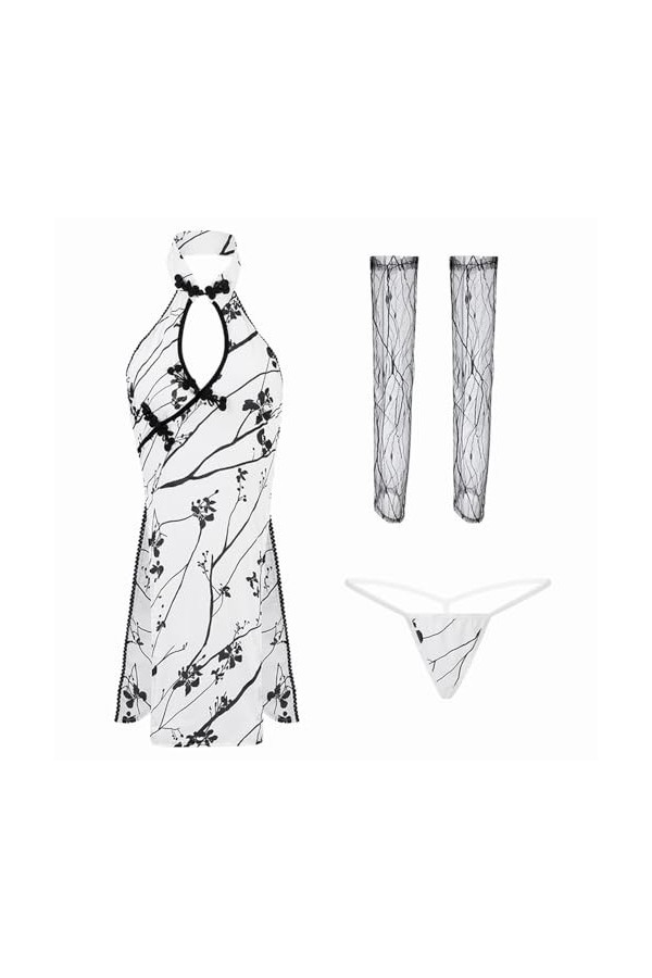 SINROYEE Lingerie sexy pour femme - Robe Cheongsam chinoise - Lingerie Qipao - Babydoll - Robe de club blanc 2 