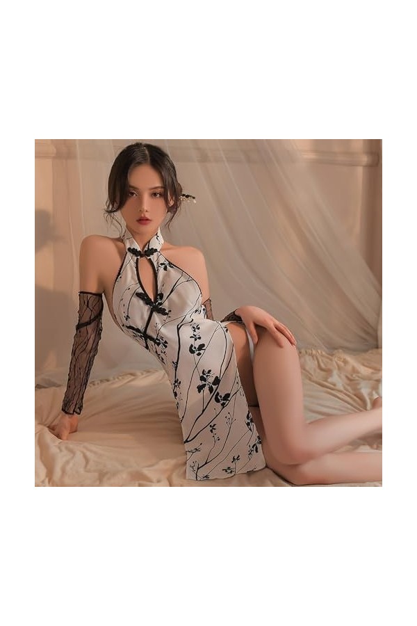 SINROYEE Lingerie sexy pour femme - Robe Cheongsam chinoise - Lingerie Qipao - Babydoll - Robe de club blanc 2 