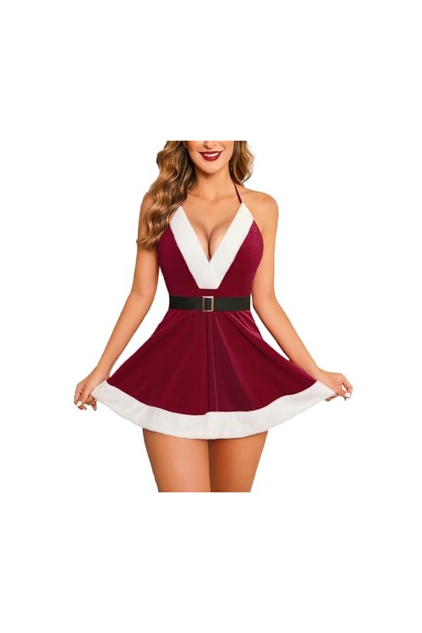 Fulidngzg Costume de Noël pour femme - Potelé XXL - Tenue sexuelle extrême - Robe de Noël - Lingerie - Rouge - Robe de nuit -