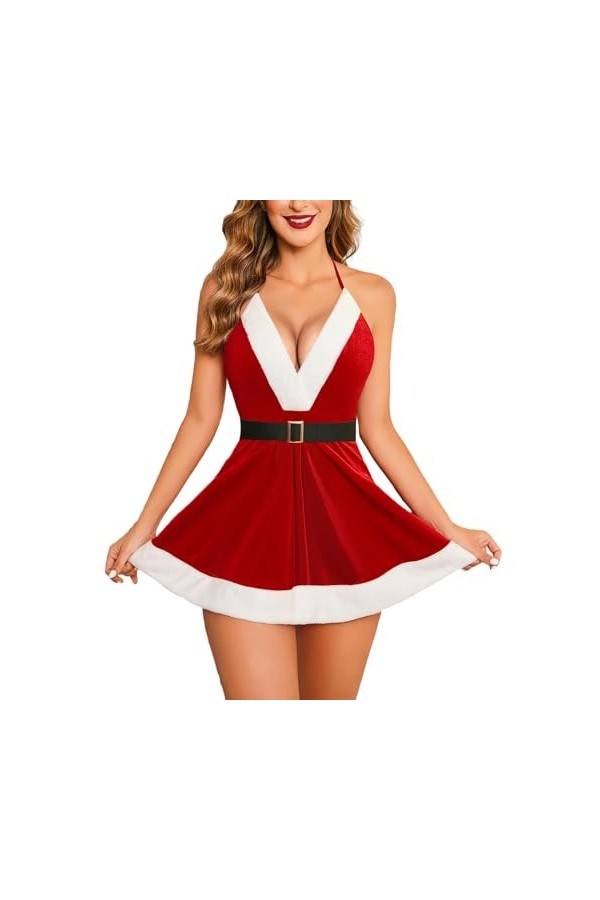Fulidngzg Costume de Noël pour femme - Potelé XXL - Tenue sexuelle extrême - Robe de Noël - Lingerie - Rouge - Robe de nuit -