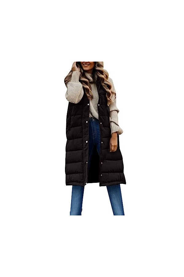 Gefomuofe Gilet long matelassé sans manches pour femme - Veste matelassée légère et longue - Veste de transition - Pour lété