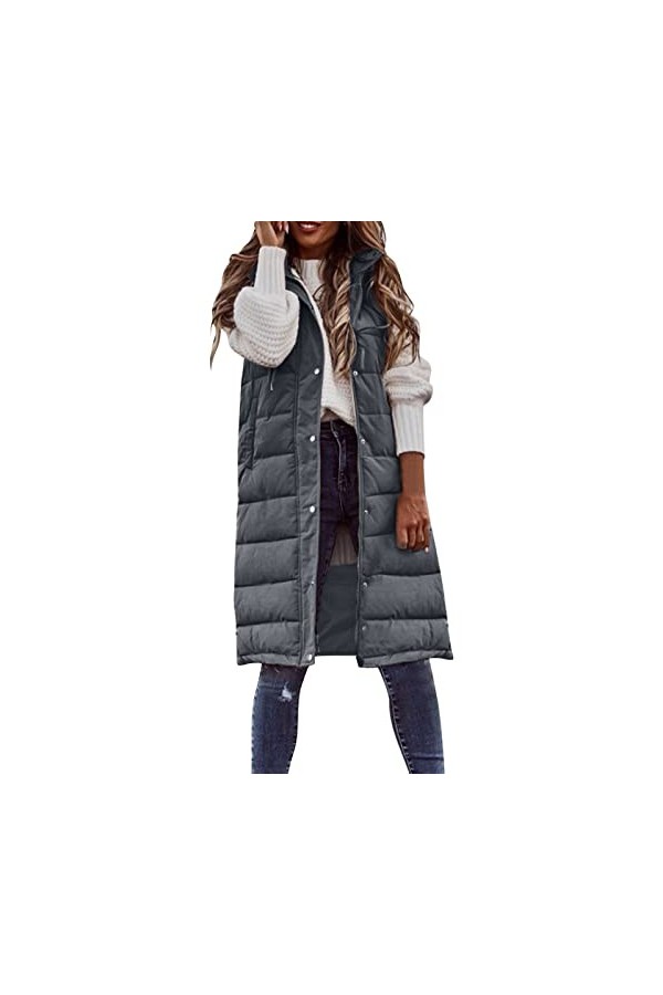 Gefomuofe Gilet long matelassé sans manches pour femme - Veste matelassée légère et longue - Veste de transition - Pour lété