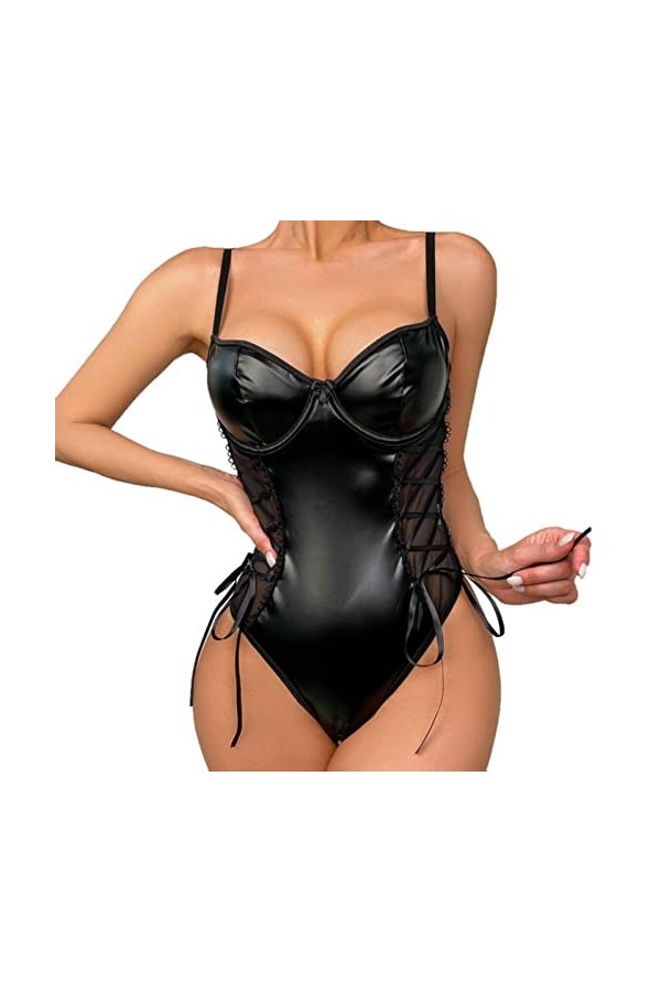 CHUNNUAN Sexy Latex Onesie Femmes Lace Up Mesh Cuir Onesie Teddy Sexy Lingerie Wet Body Femmes Costume Onesie-Black,XL