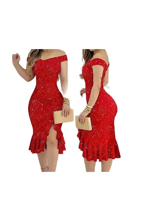 SHANHE Robe Mince Sexy à épaules dénudées ornée de Strass Scintillants pour Femmes