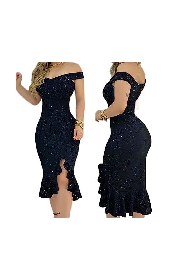 SHANHE Robe Mince Sexy à épaules dénudées ornée de Strass Scintillants pour Femmes