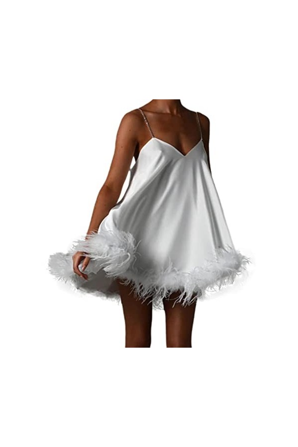 SHANHE Femmes A-Ligne Mini Robe soirée Couleur Unie Garniture en Peluche col en v chaîne Fronde Robe sans Manches Dos Nu Robe