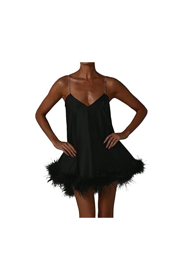 SHANHE Femmes A-Ligne Mini Robe soirée Couleur Unie Garniture en Peluche col en v chaîne Fronde Robe sans Manches Dos Nu Robe