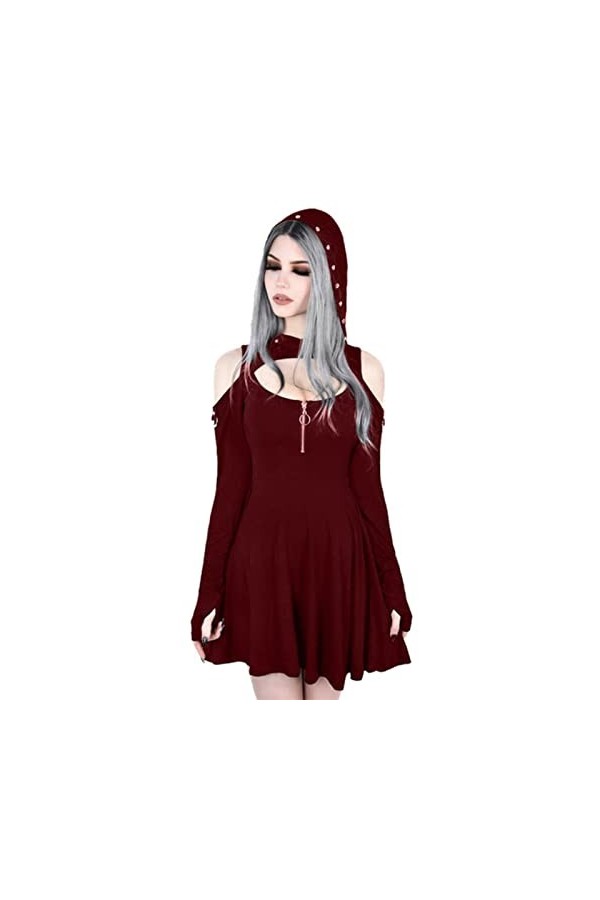SHANHE Gothique À Capuche Robe Sexy Goth Printemps À Manches Longues Robe À Capuche Coupe Basse Sexy Plissée Creux Hors Épaul