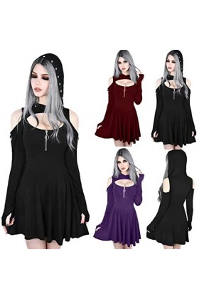SHANHE Gothique À Capuche Robe Sexy Goth Printemps À Manches Longues Robe À Capuche Coupe Basse Sexy Plissée Creux Hors Épaul