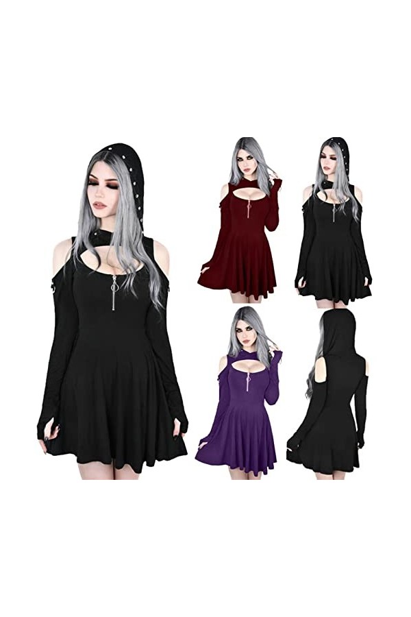 SHANHE Gothique À Capuche Robe Sexy Goth Printemps À Manches Longues Robe À Capuche Coupe Basse Sexy Plissée Creux Hors Épaul