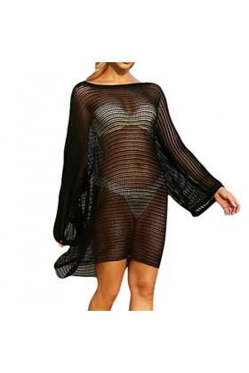 SHANHE Les Femmes voient à Travers la Mini Robe, Sexy Couleur Unie évider Maille Robe à Manches Longues vêtements de Plage po