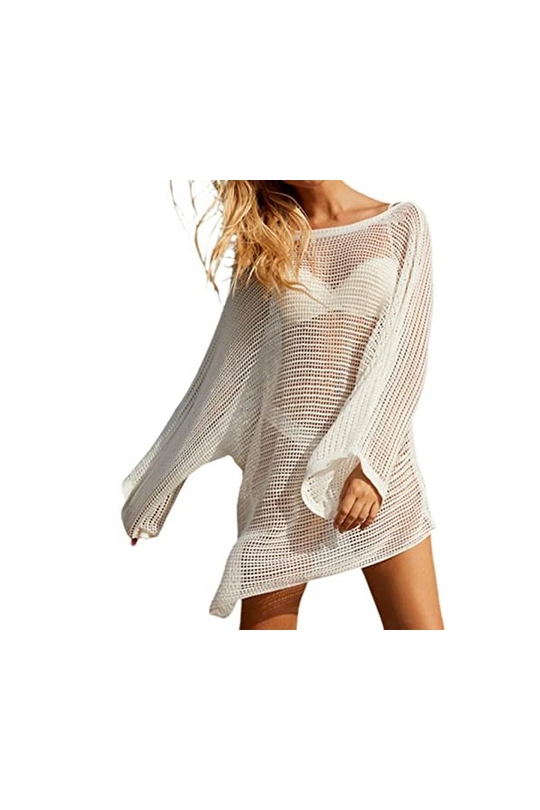 SHANHE Les Femmes voient à Travers la Mini Robe, Sexy Couleur Unie évider Maille Robe à Manches Longues vêtements de Plage po