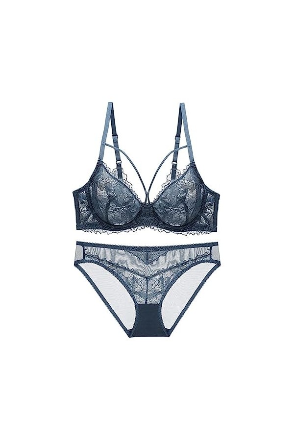 EshAls Ensemble soutien-gorge et culotte en dentelle transparente ultra fine non doublée pour femme - Bleu - 70C
