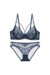 EshAls Ensemble soutien-gorge et culotte en dentelle transparente ultra fine non doublée pour femme - Bleu - 70C