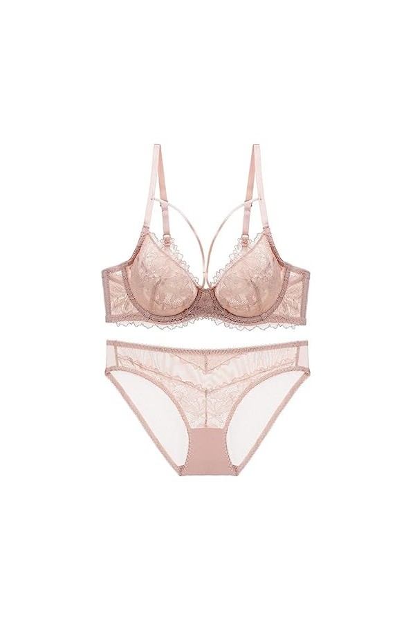 EshAls Ensemble soutien-gorge et culotte en dentelle transparente ultra fine non doublée pour femme - Bleu - 70C