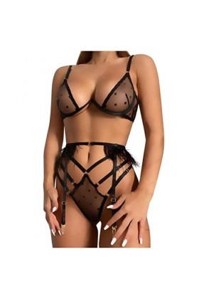 mingxinshangdian Lingerie sexy pour femme avec plumes et dentelle à pois - Sous-vêtements de nuit string - Noir, L