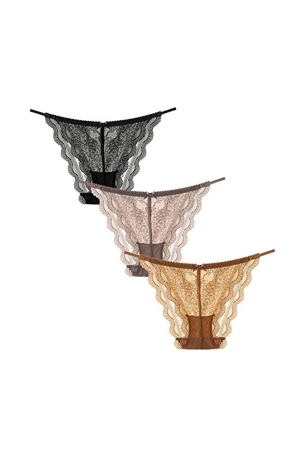 FEOYA Femme Tanga Slips Sexy String Dentelle Florales Ceinture Fine Lingerie Culottes Transparent Confortable Lot de 3 Multic
