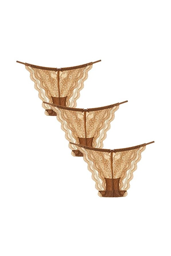 FEOYA Femme Tanga Slips Sexy String Dentelle Florales Ceinture Fine Lingerie Culottes Transparent Confortable Lot de 3 Multic