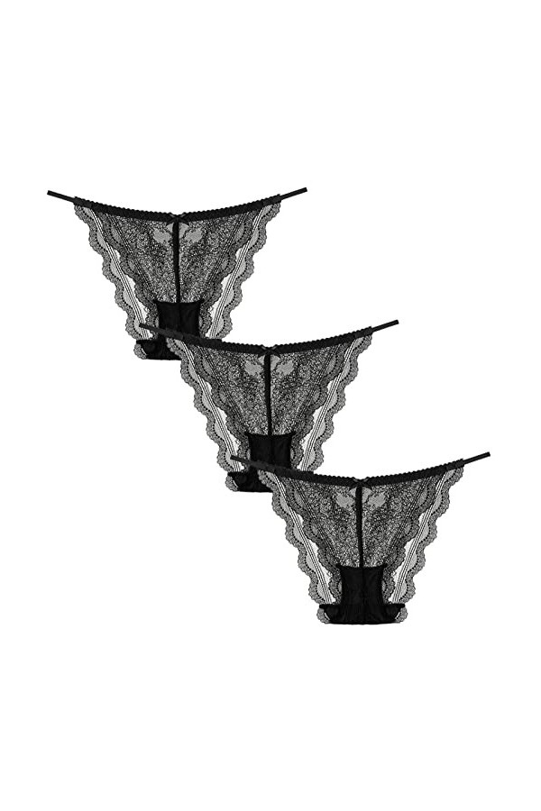 FEOYA Femme Tanga Slips Sexy String Dentelle Florales Ceinture Fine Lingerie Culottes Transparent Confortable Lot de 3 Multic