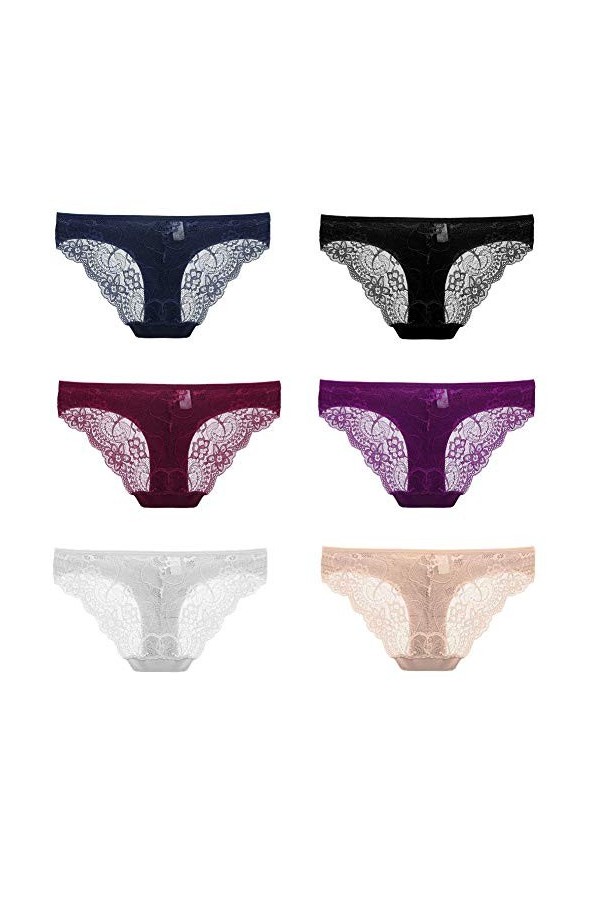 COSWE Lot de 6 culottes sexy en dentelle extensible pour femme - - 44