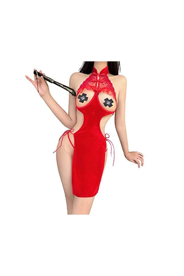 SINROYEE Robe Cheongsam chinoise sexy pour femme - Costume Qipao - Mini robe moulante à fente haute rouge 1