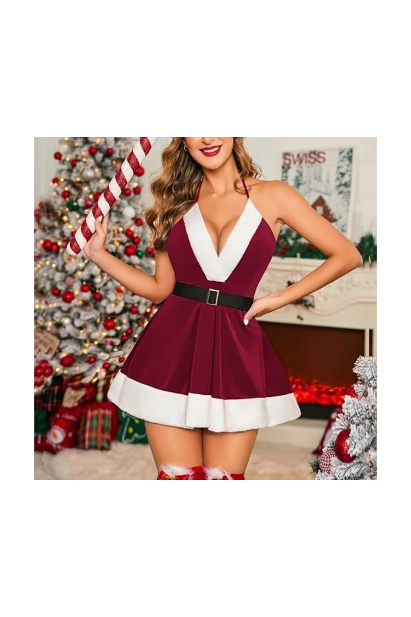 Fulidngzg Costume de Noël pour femme - Potelé XXL - Tenue sexuelle extrême - Robe de Noël - Lingerie - Rouge - Robe de nuit -
