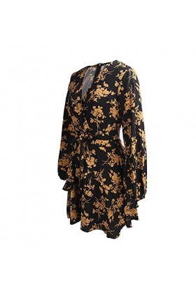 Huairdum Robe Courte à Fleurs à Manches Longues Motif imprimé Floral Robe Courte Col en V Profond Multicouche à Manches Longu