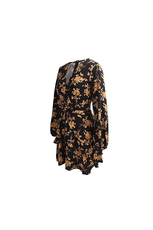 Huairdum Robe Courte à Fleurs à Manches Longues Motif imprimé Floral Robe Courte Col en V Profond Multicouche à Manches Longu