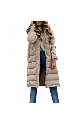 Gefomuofe Gilet long matelassé sans manches pour femme - Veste matelassée légère et longue - Veste de transition - Pour lété