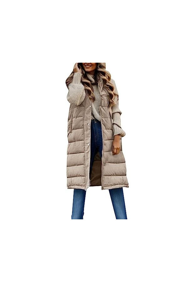 Gefomuofe Gilet long matelassé sans manches pour femme - Veste matelassée légère et longue - Veste de transition - Pour lété